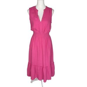 Southern Tide Pink Cotton Gauze Sleeveless Smocked Waist Tiered Midi Dress S